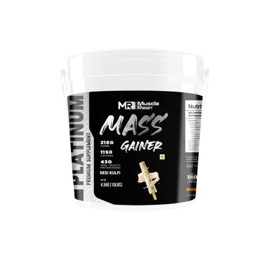 Muscle Reign Muscle Mass Gainer 10 lbs container with nutritional information and flavor details