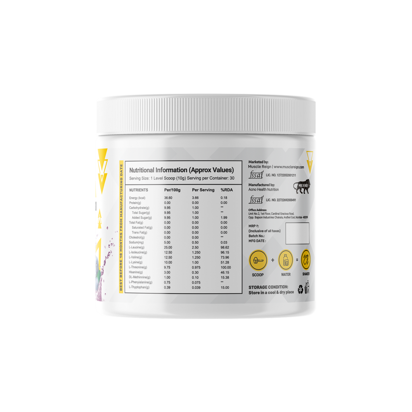 Muscle Reign pre and post workout EAA powder tub with nutritional information for fitness enthusiasts