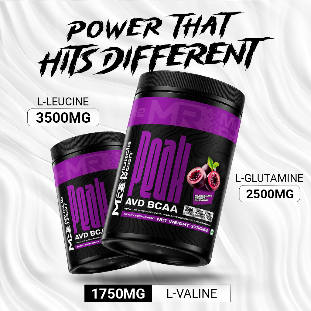 Muscle Reign AVD BCAA Supplement with Leucine and Glutamine in a bold tub design