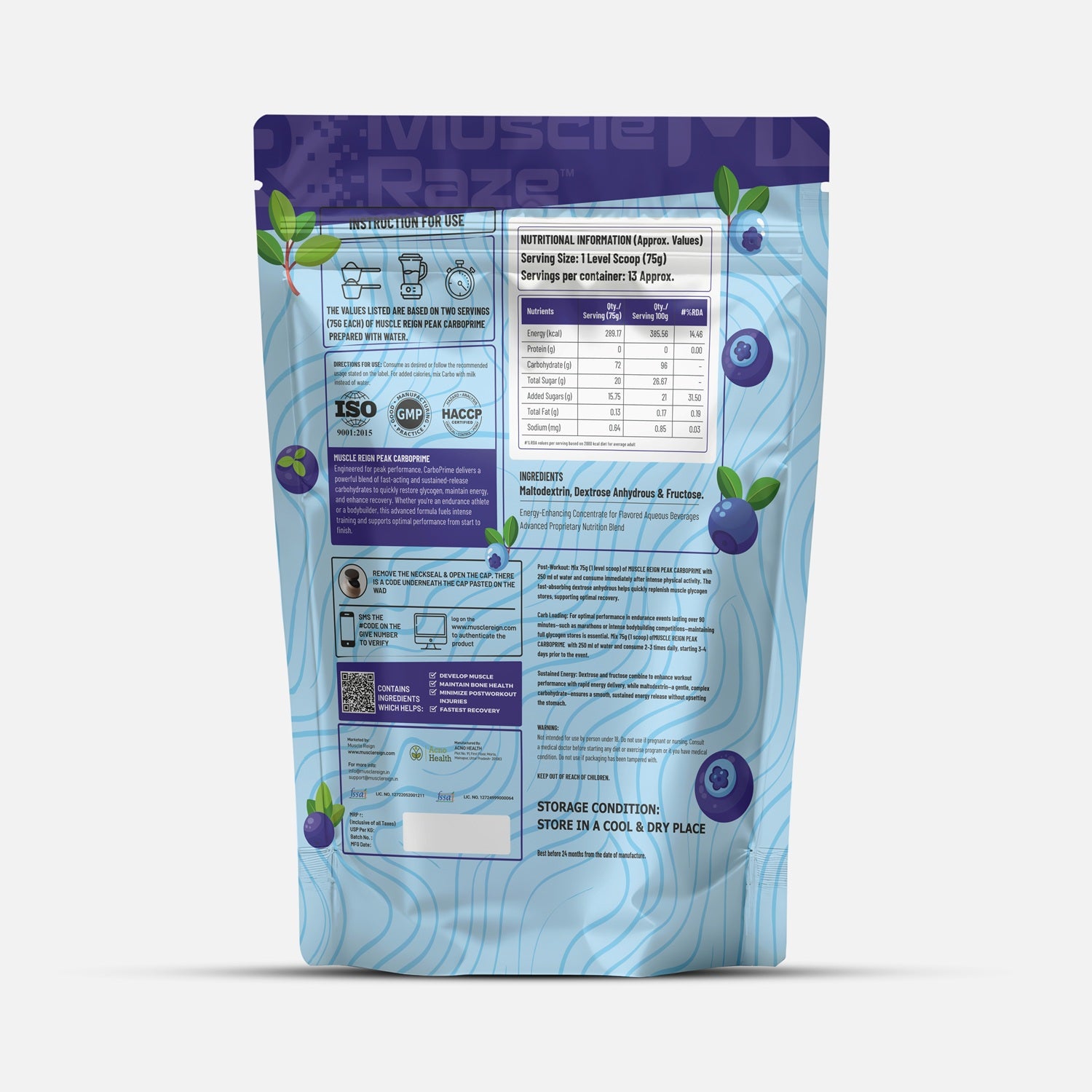 Muscle Reign Carboprime Food Supplement Packaging with Nutritional Information and Ingredients List