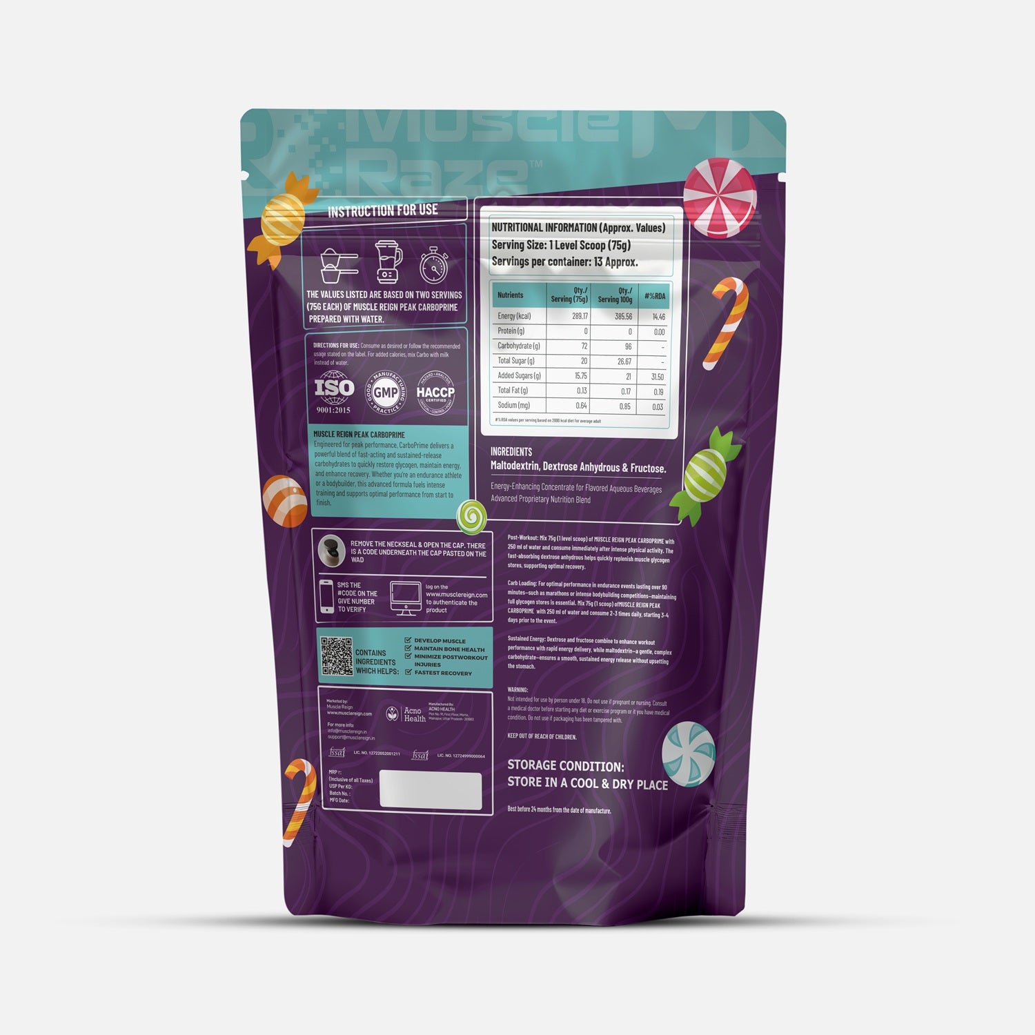 Back of Muscle Reign Carboprime food supplement package with nutritional information and usage details