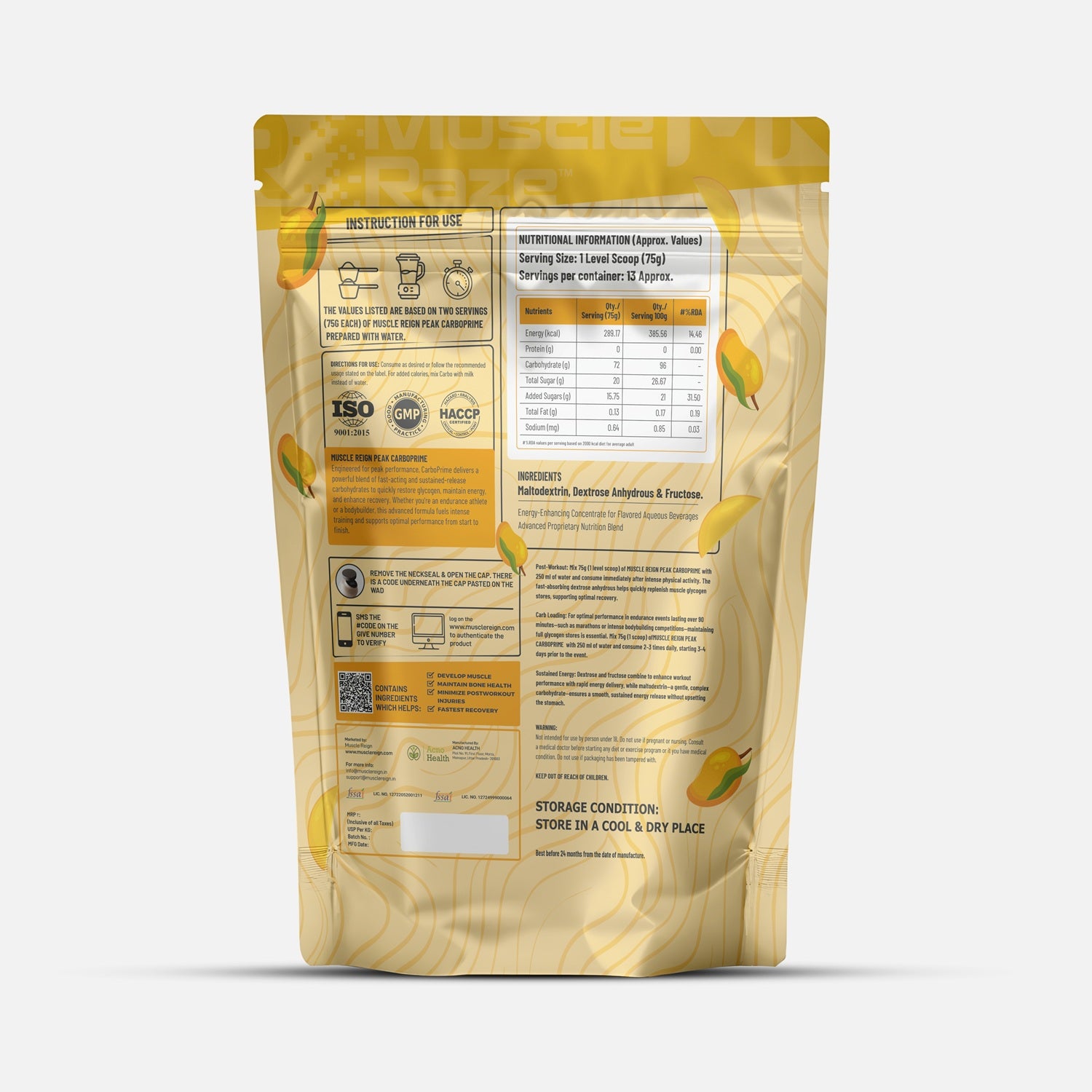 Muscle Reign Carboprime Food Supplement Bag with Nutritional Information and Serving Instructions