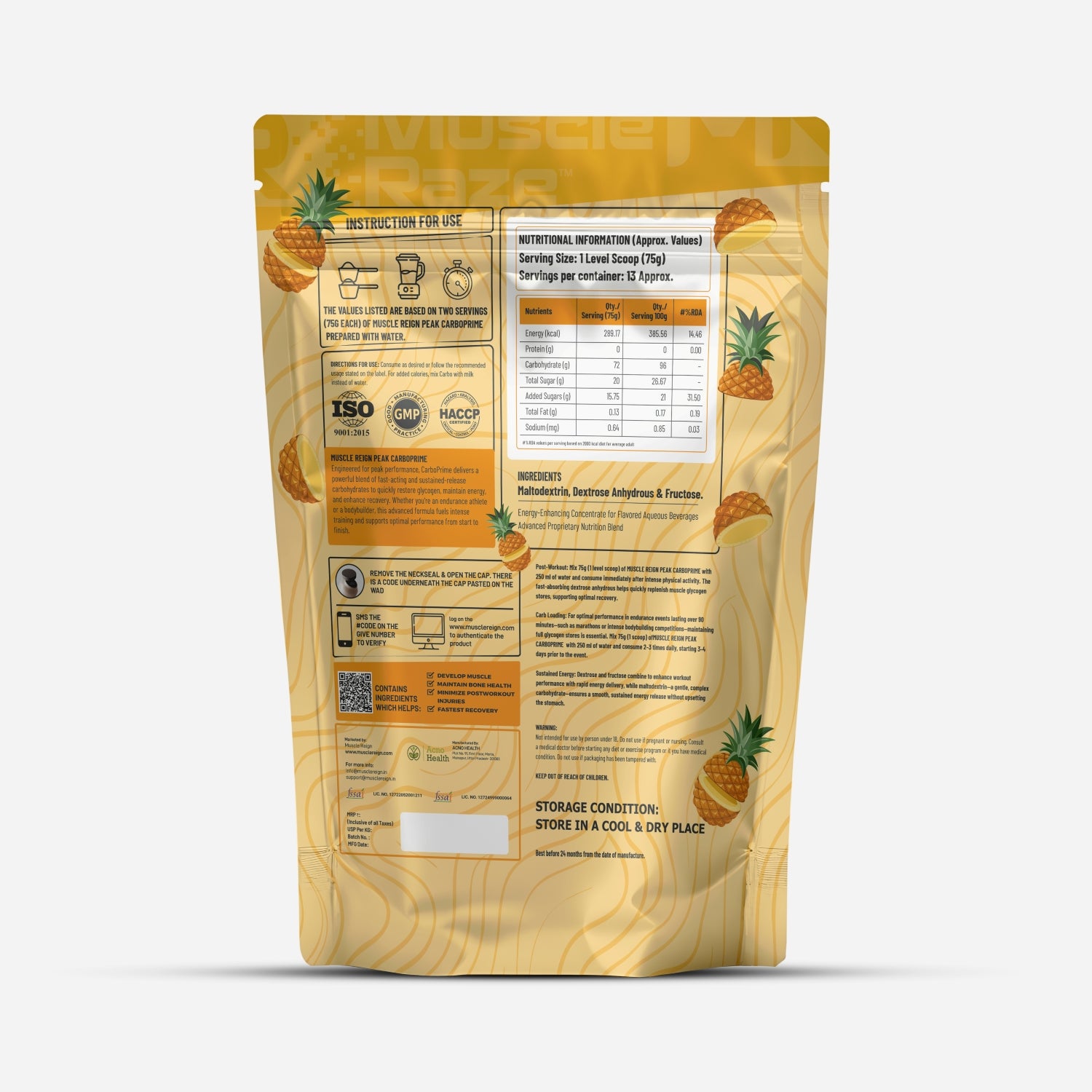 Muscle Reign Carboprime Pineapple Flavor Food Supplement with Nutritional Information on Package