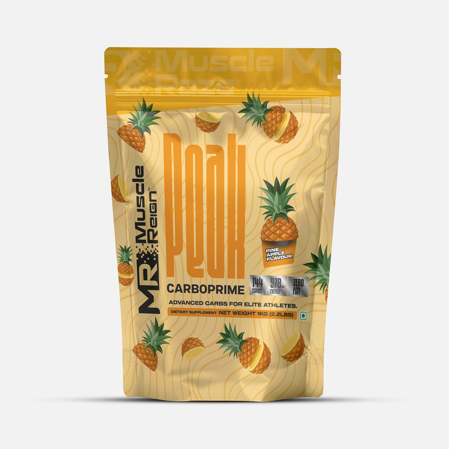 Muscle Reign Carboprime Food Supplement with Pineapple Flavor in a Resealable Pouch for Elite Athletes