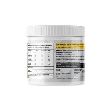 Muscle Reign creatine monohydrate supplement container with nutrition facts and usage instructions