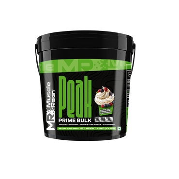 Muscle Reign high protein weight gainer supplement in a black bucket with green label and cupcake design.