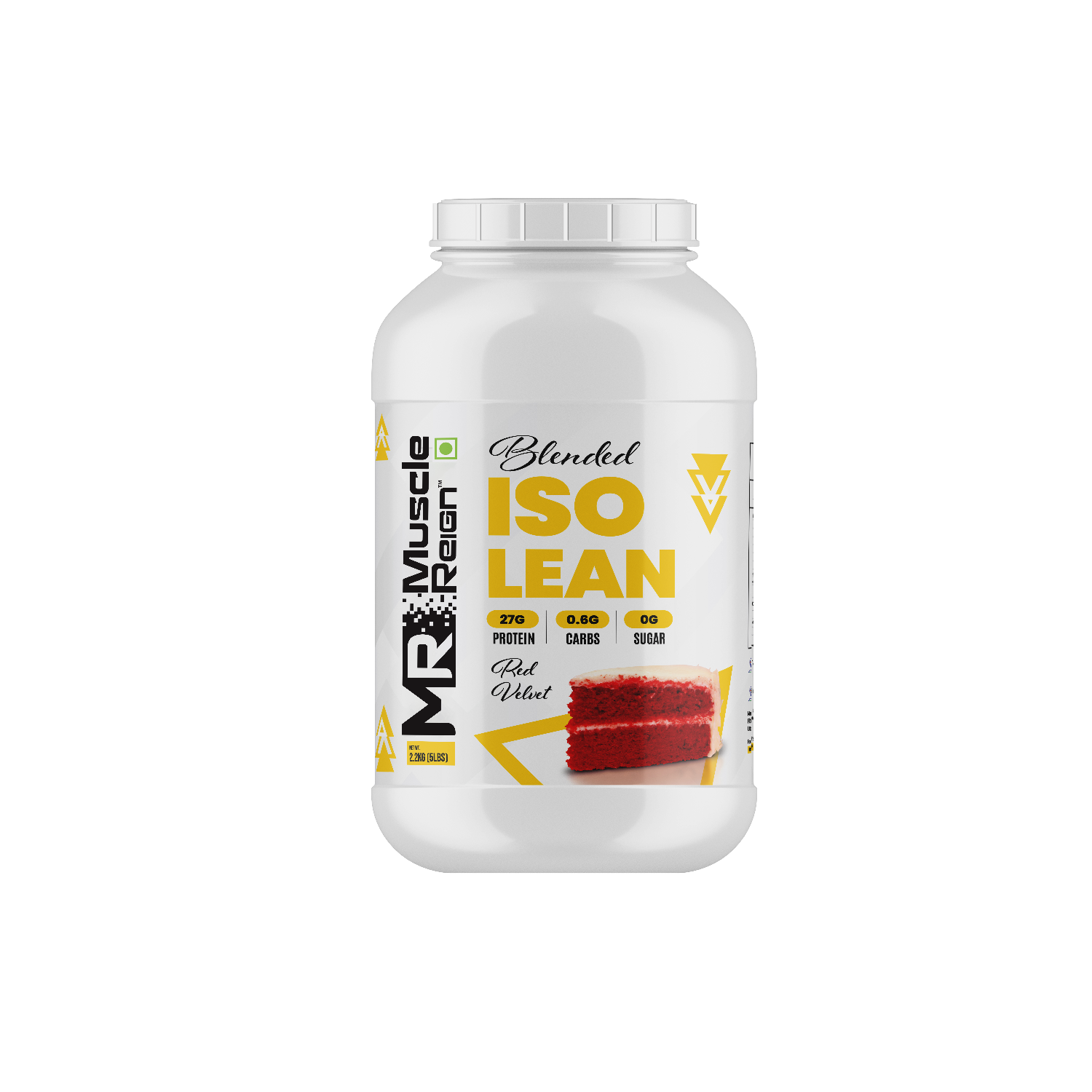 Muscle Reign ISO Lean protein powder in a white container with nutritional details and flavor options