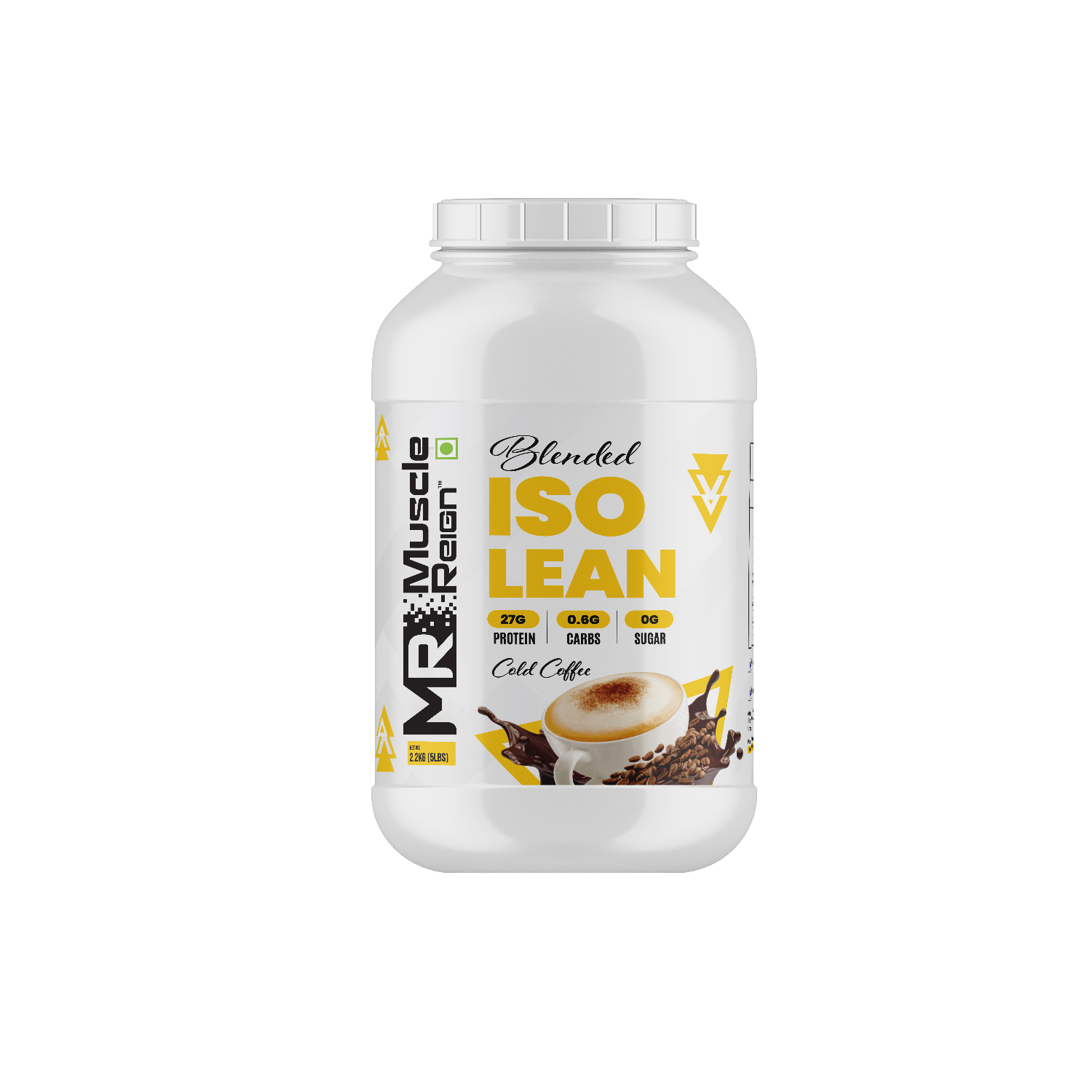 Muscle Reign ISO Lean protein in a white container with coffee flavor design for optimal muscle recovery