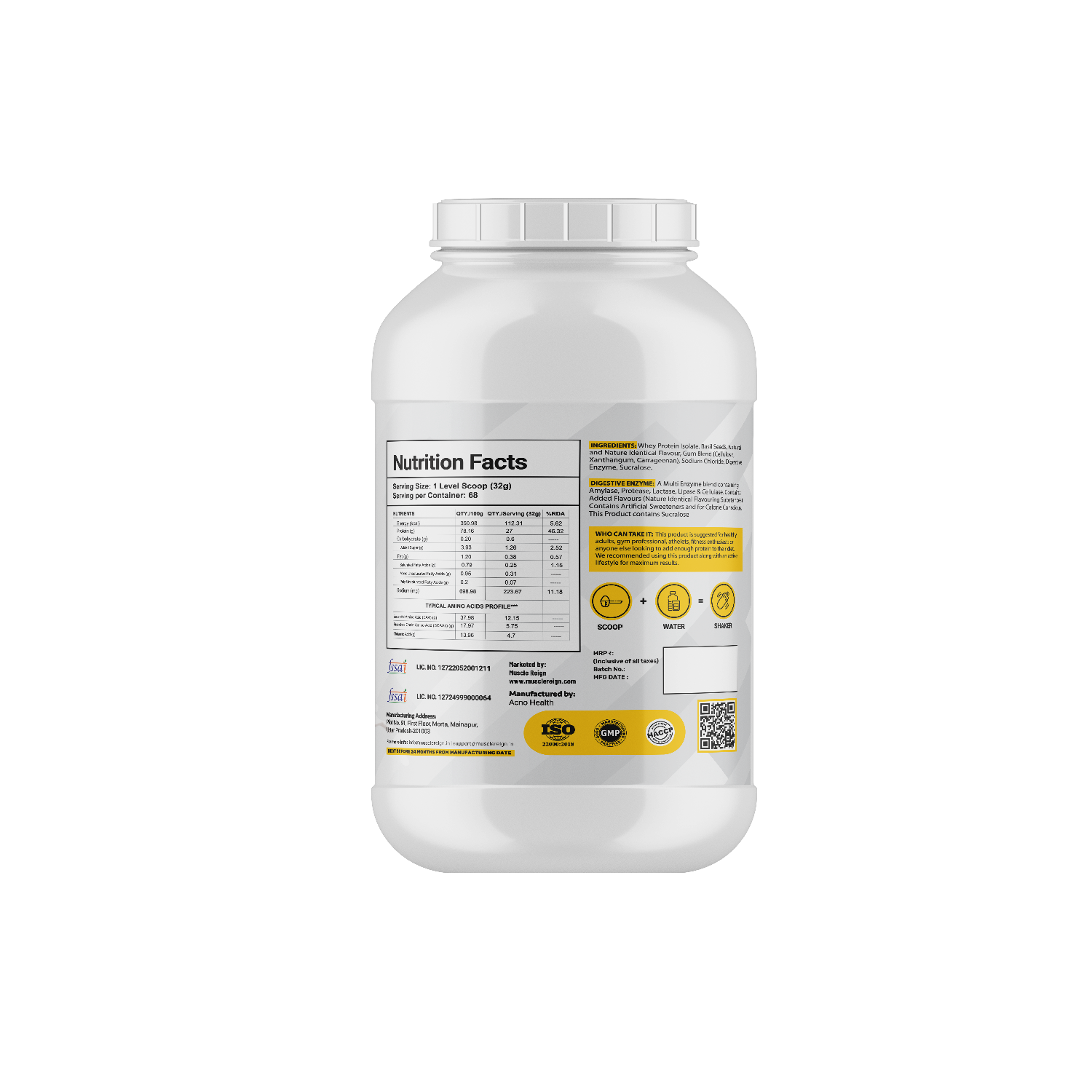 Muscle Reign ISO Lean protein supplement container with detailed nutrition facts on the back