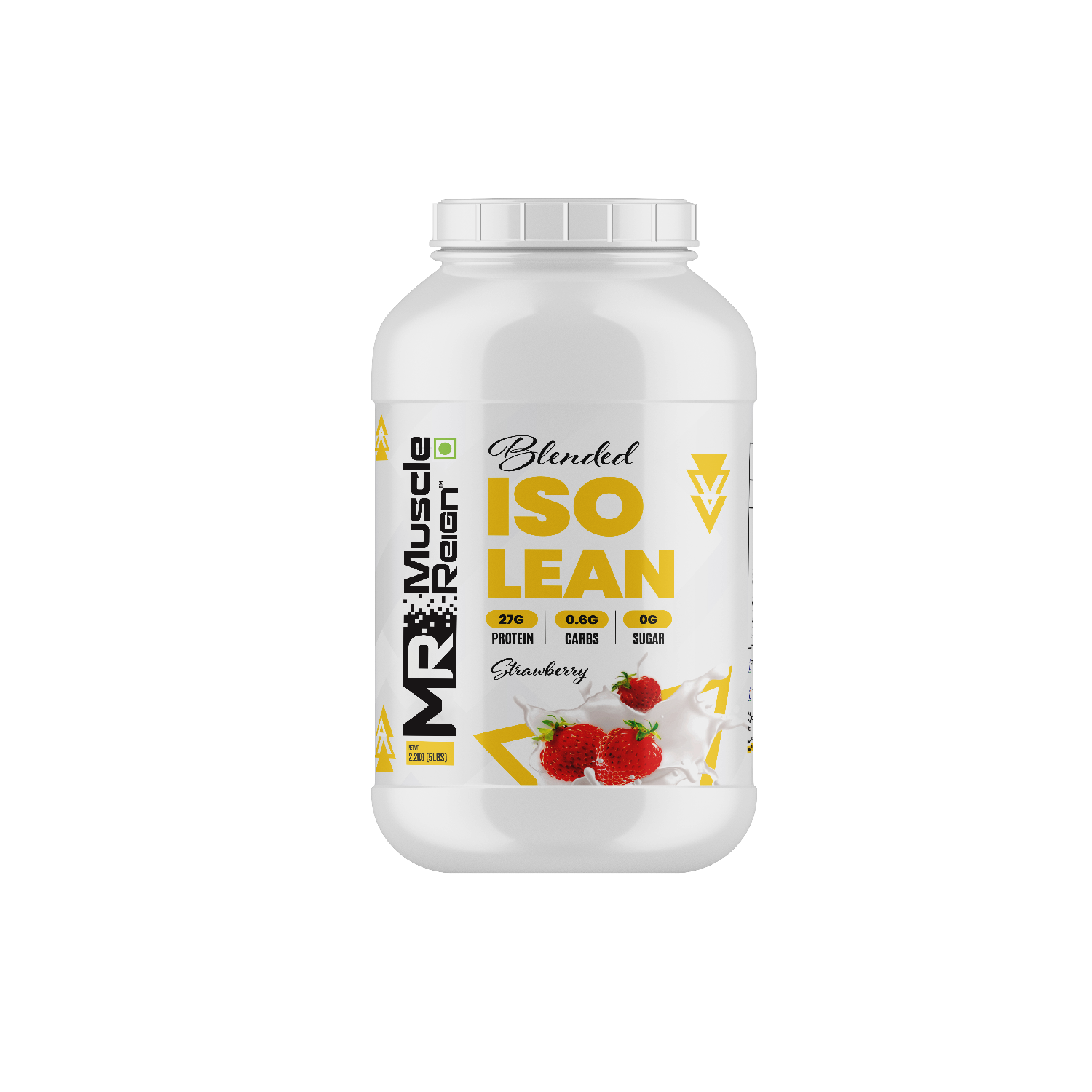 Muscle Reign ISO Lean protein powder in a white container with cranberry flavor and nutritional information.