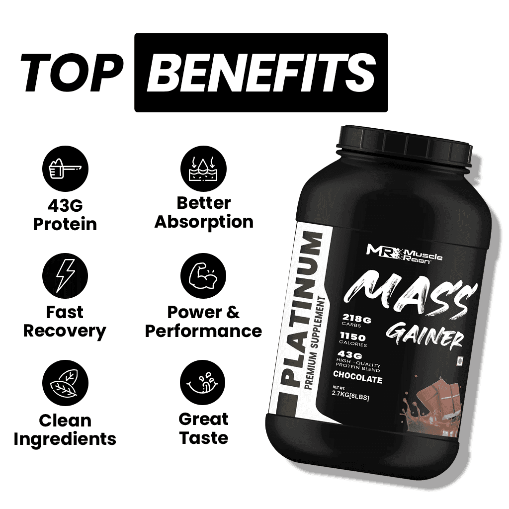 Muscle Reign Mass Gainer Chocolate Flavor with 43g protein for better absorption and recovery