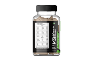 Muscle Reign multivitamin tablets in a clear bottle showcasing detailed supplement facts on the label