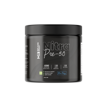 Muscle Reign Nitra Pre 3.0 pre workout supplement in Blue Razz flavor with energizing ingredients