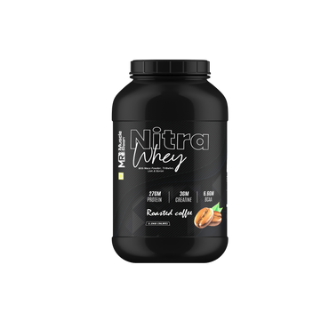 Muscle Reign Nitra Whey protein in roasted coffee flavor, featuring 27g protein and 36g creatine per serving