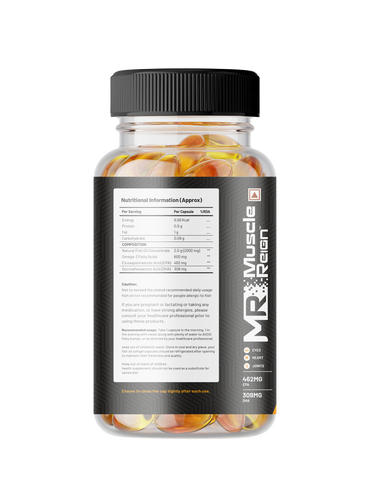 Muscle Reign omega 3 fish oil supplements in a clear bottle showcasing softgel capsules.