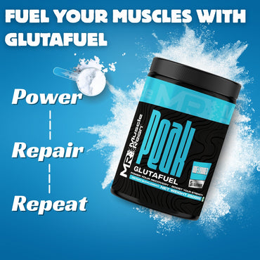 Muscle Reign Peak Glutamine 350gm supplement container with energy and recovery benefits showcased