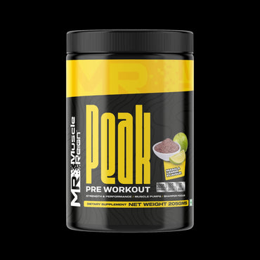Muscle Reign Peak pre workout powder in a black container with yellow accents for energy and strength