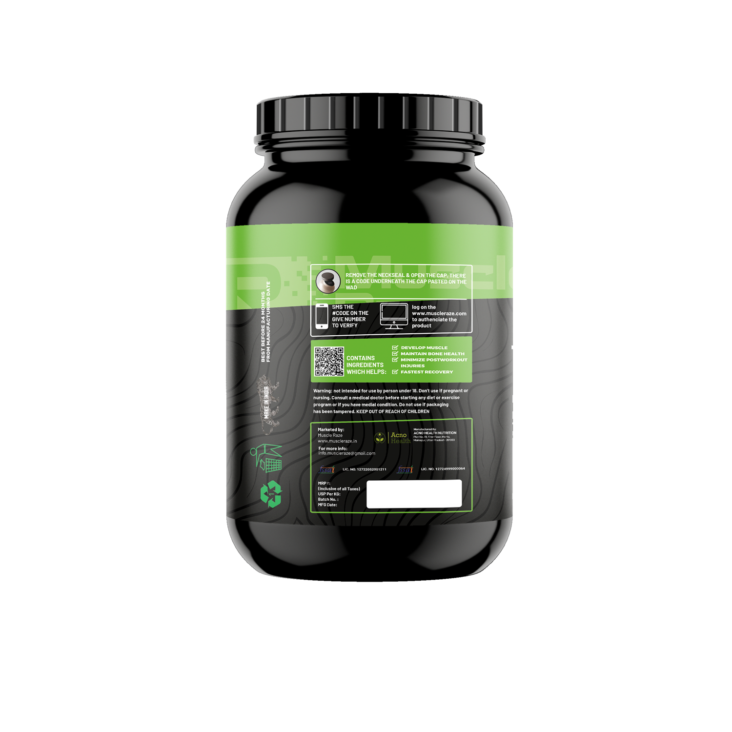 Muscle Reign Peak Prime Bulk 1kg supplement container featuring a black and green design