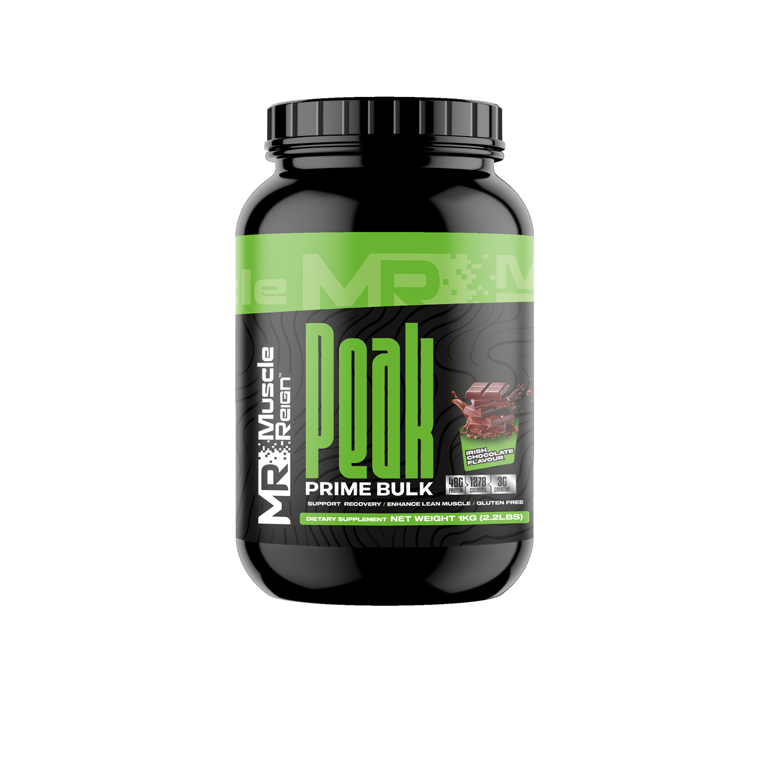 Muscle Reign Peak Prime Bulk 1kg container with sleek black design and vibrant green label