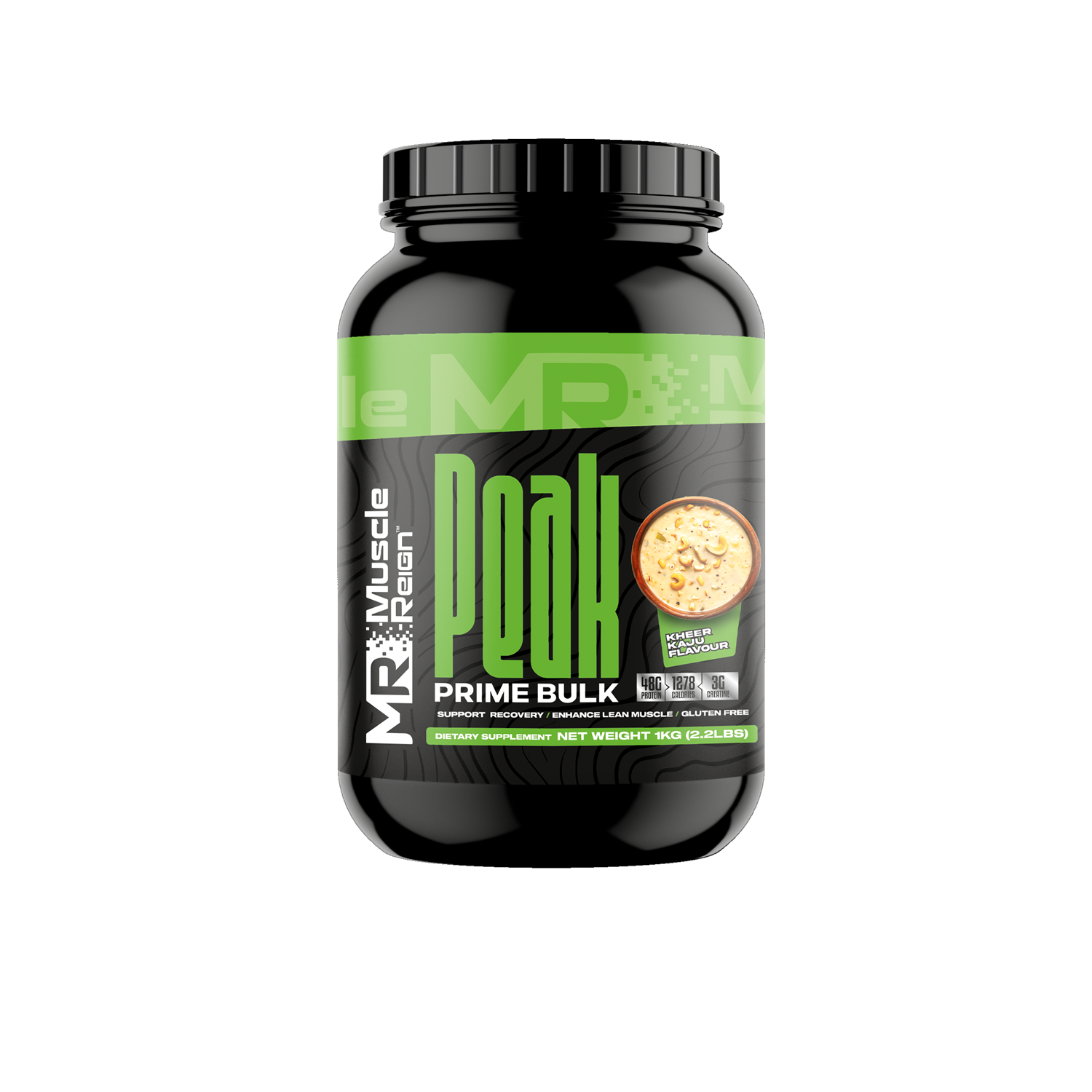 Muscle Reign Peak Prime Bulk 1kg protein supplement container for muscle growth and recovery