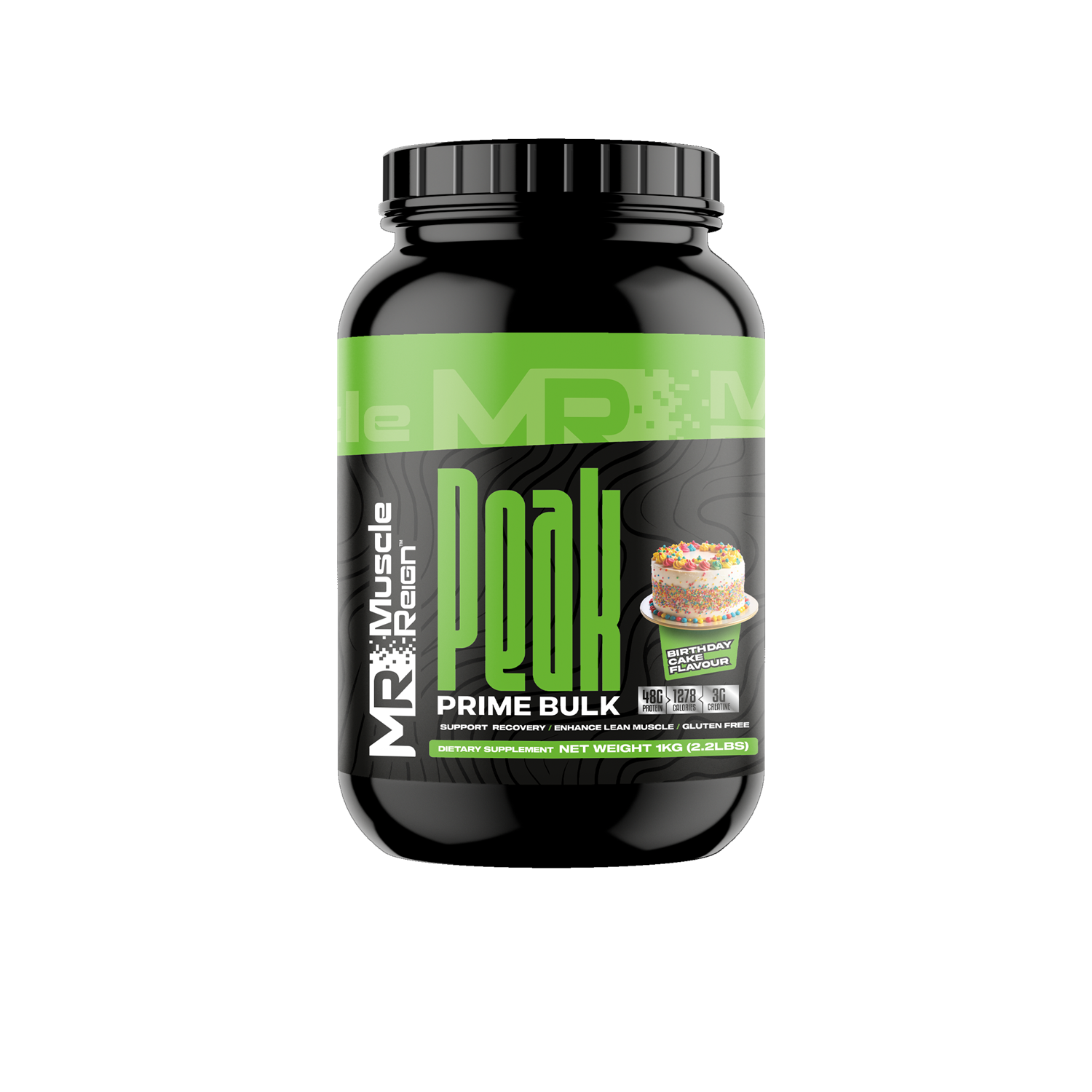 Muscle Reign Peak Prime Bulk 1kg protein supplement in a black container with colorful label for muscle gain.