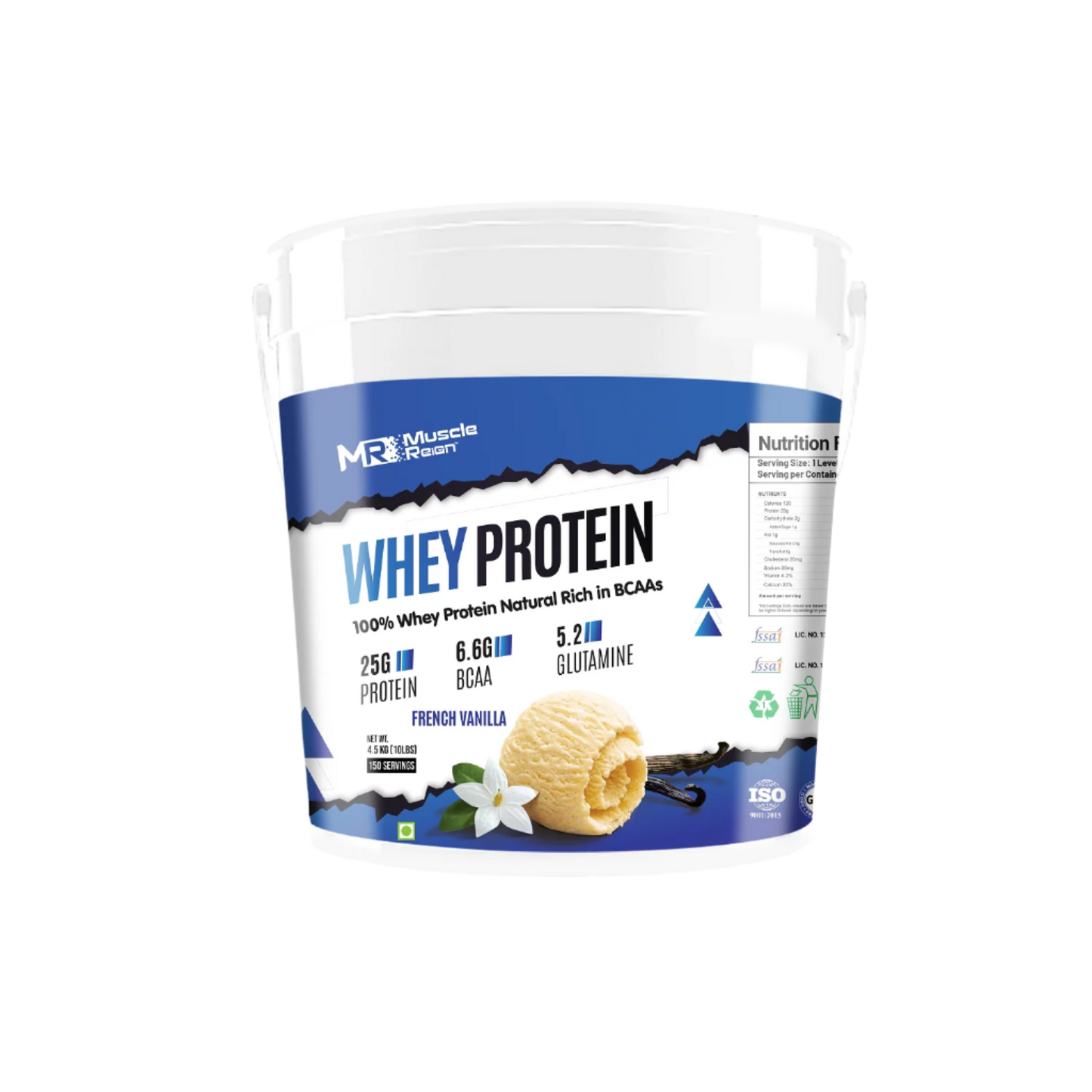 Muscle Reign whey protein powder in French Vanilla flavor with 256 grams of protein per serving