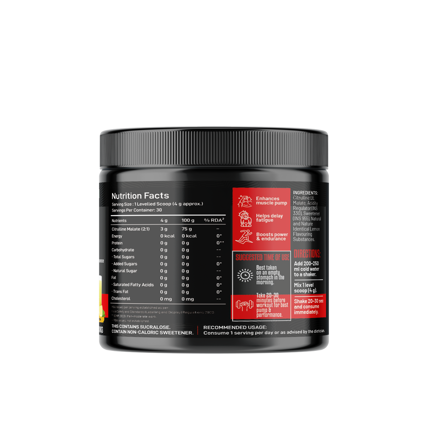 Muscle Reign Citrulline Malate Food Supplement Container with Nutrition Facts Label