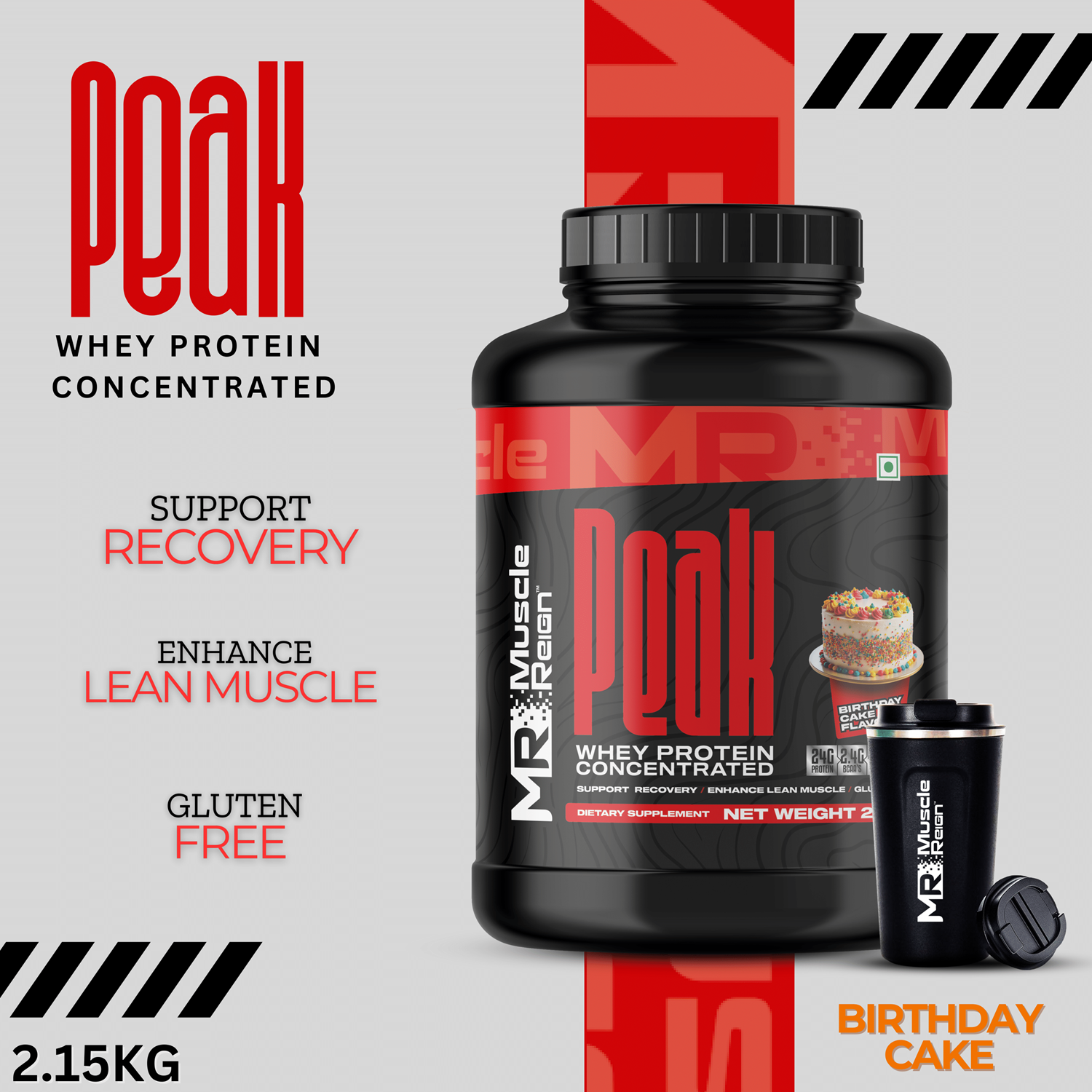Muscle Reign Peak Whey Protein Concentrated in Birthday Cake flavor, high protein powder with BCAA and EAA