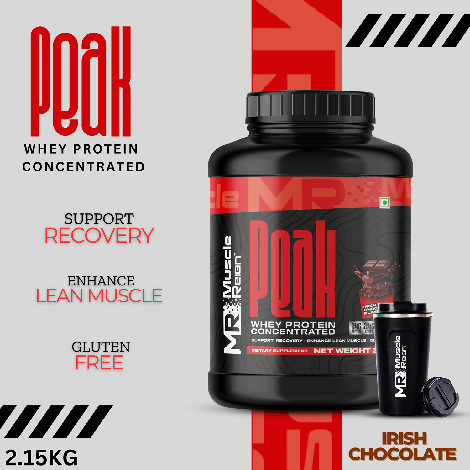 Muscle Reign Peak Whey Protein Concentrate in Irish Chocolate flavor, a high protein powder with BCAA and EAA.