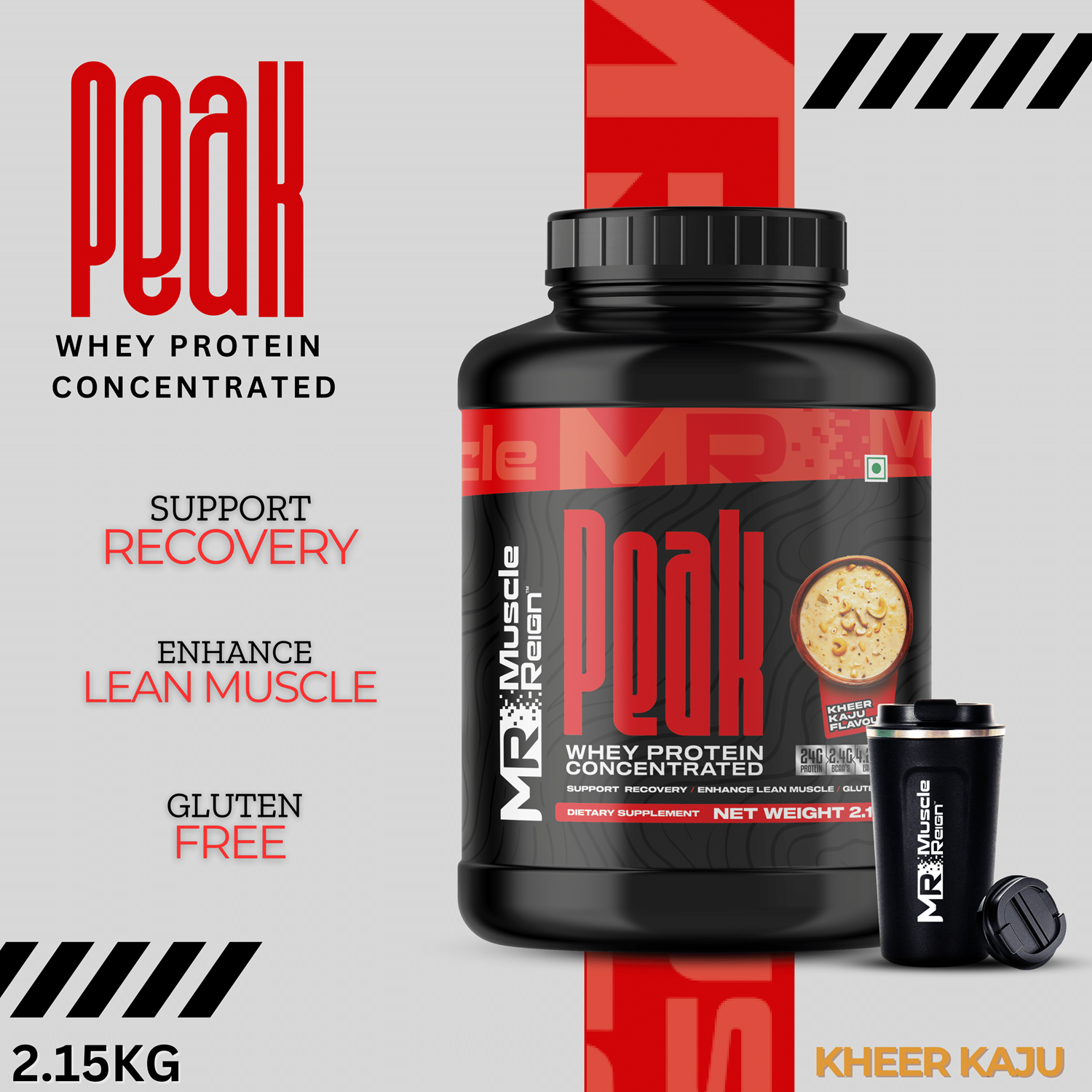 Muscle Reign Peak Whey Protein Concentrate 2.15kg, high protein powder with BCAA and EAA for muscle recovery