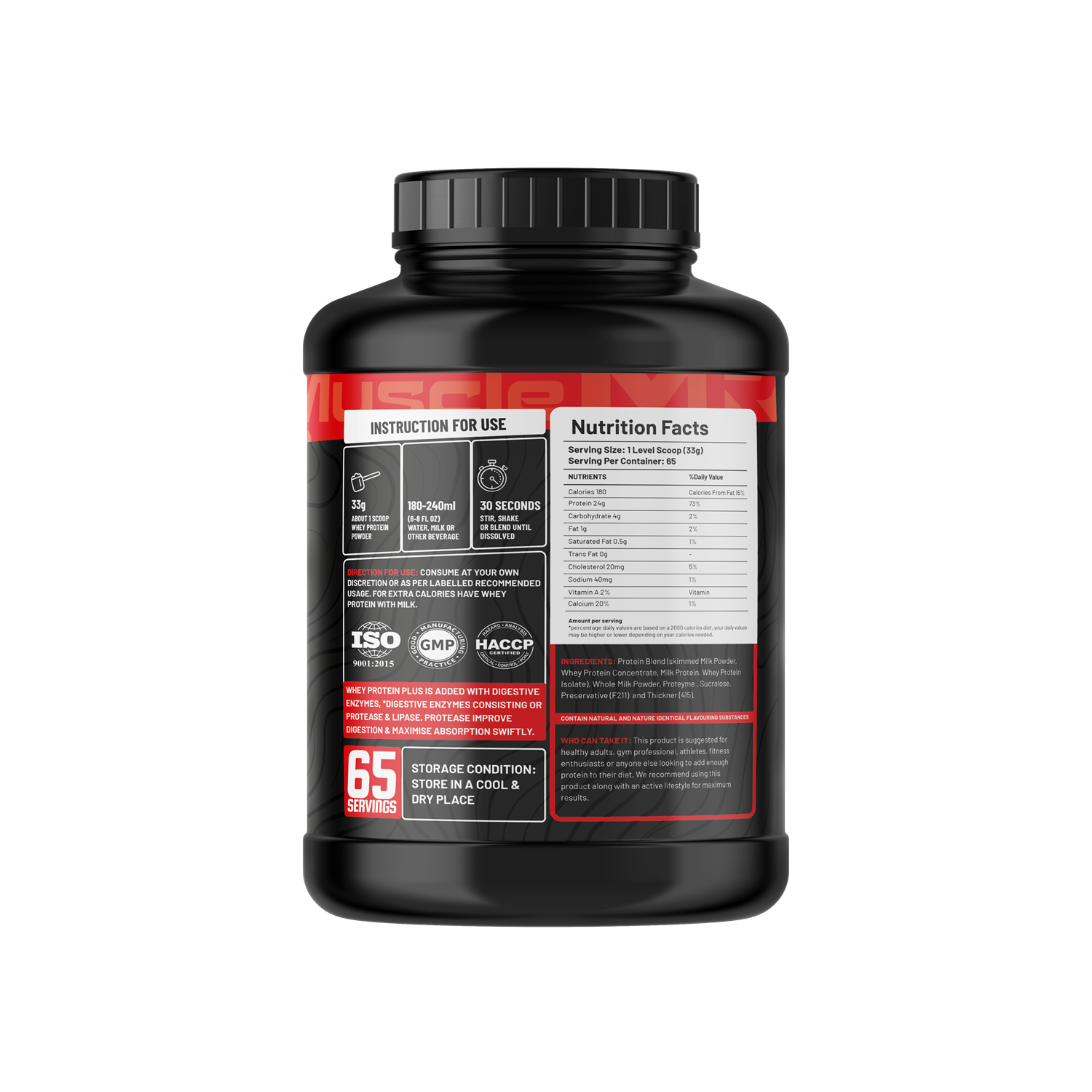 Muscle Reign high protein powder with BCAA and EAA in a black container with 65 servings