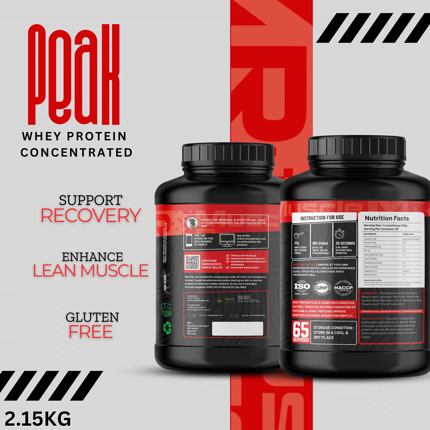 Muscle Reign Peak Whey Protein Concentrate, 2.15KG, high protein powder with BCAA and EAA for recovery and muscle support