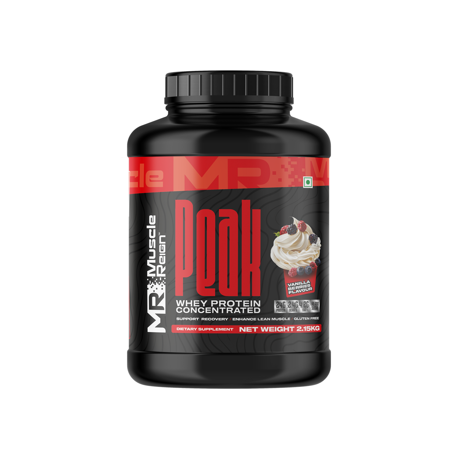 Muscle Reign Peak Whey Protein Concentrate featuring high protein powder with BCAA and EAA for muscle support