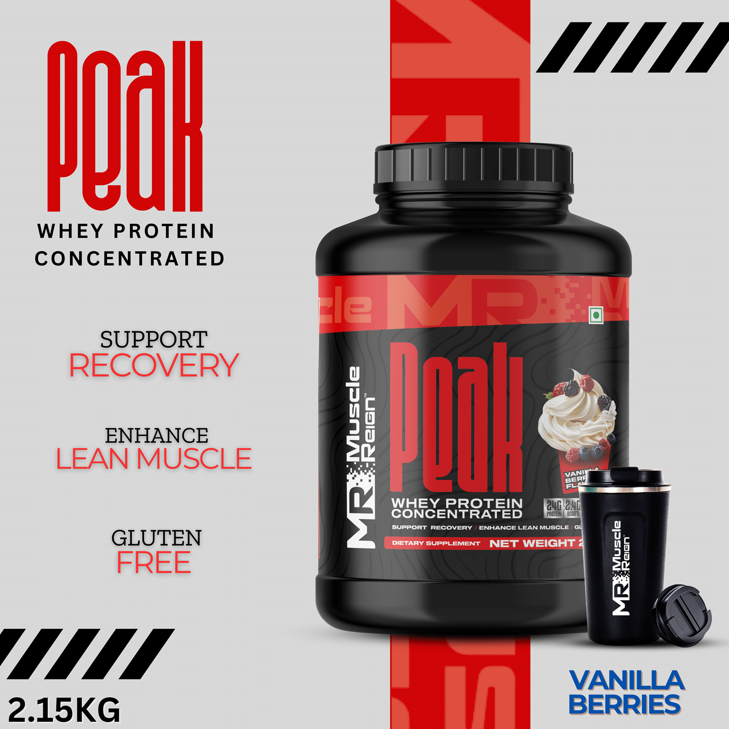 Muscle Reign Peak Whey Protein Powder with BCAA and EAA in Vanilla Berries flavor for lean muscle support