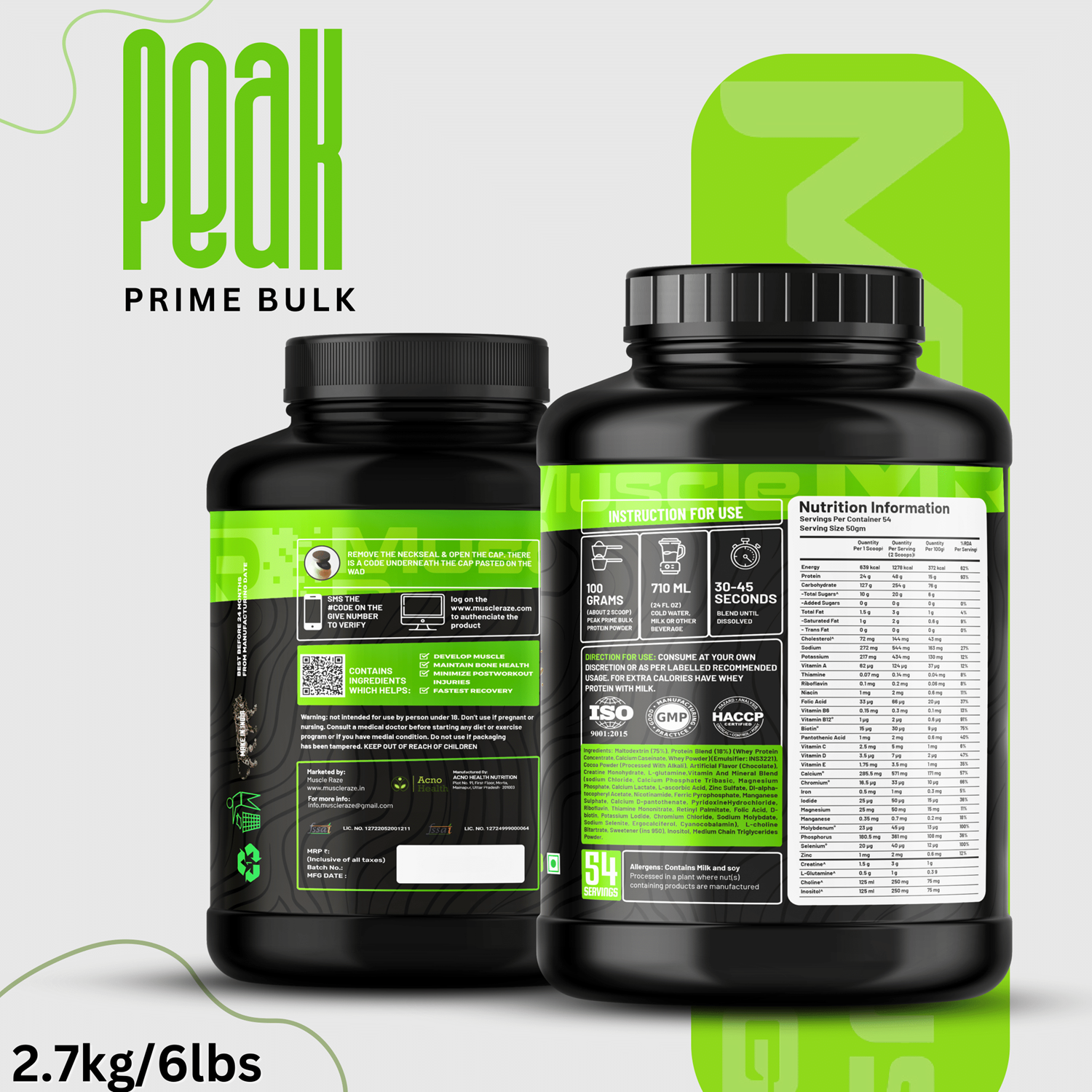 Muscle Reign Peak Prime Bulk 2.7kg mass gainer protein powder with nutrition information on the label