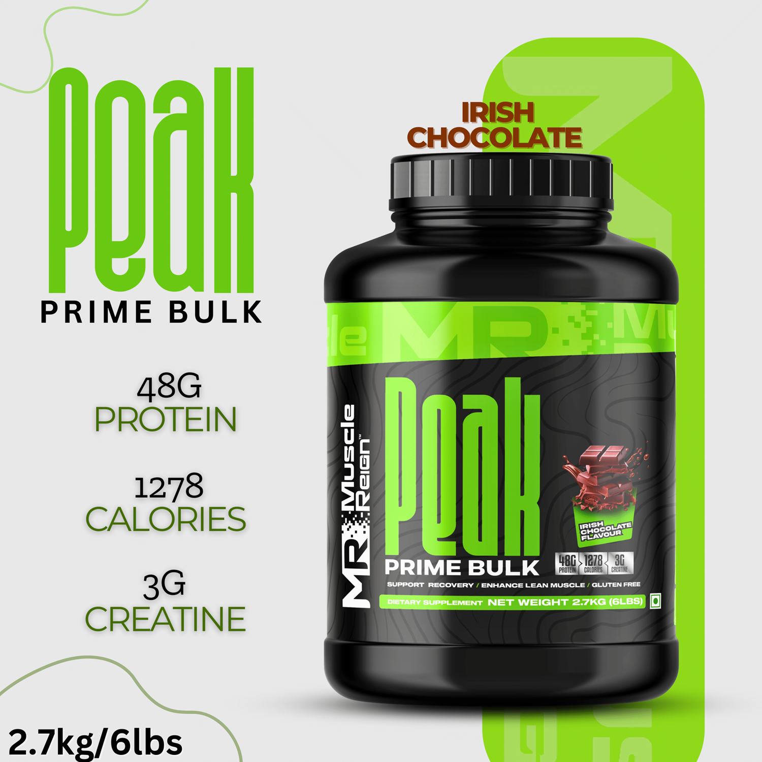 Muscle Reign Peak Prime Bulk mass gainer protein powder in Irish Chocolate flavor with 48g protein and 1278 calories