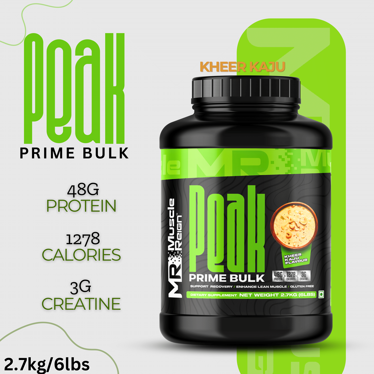 Muscle Reign Peak Prime Bulk mass gainer protein powder with 48g protein and 1278 calories