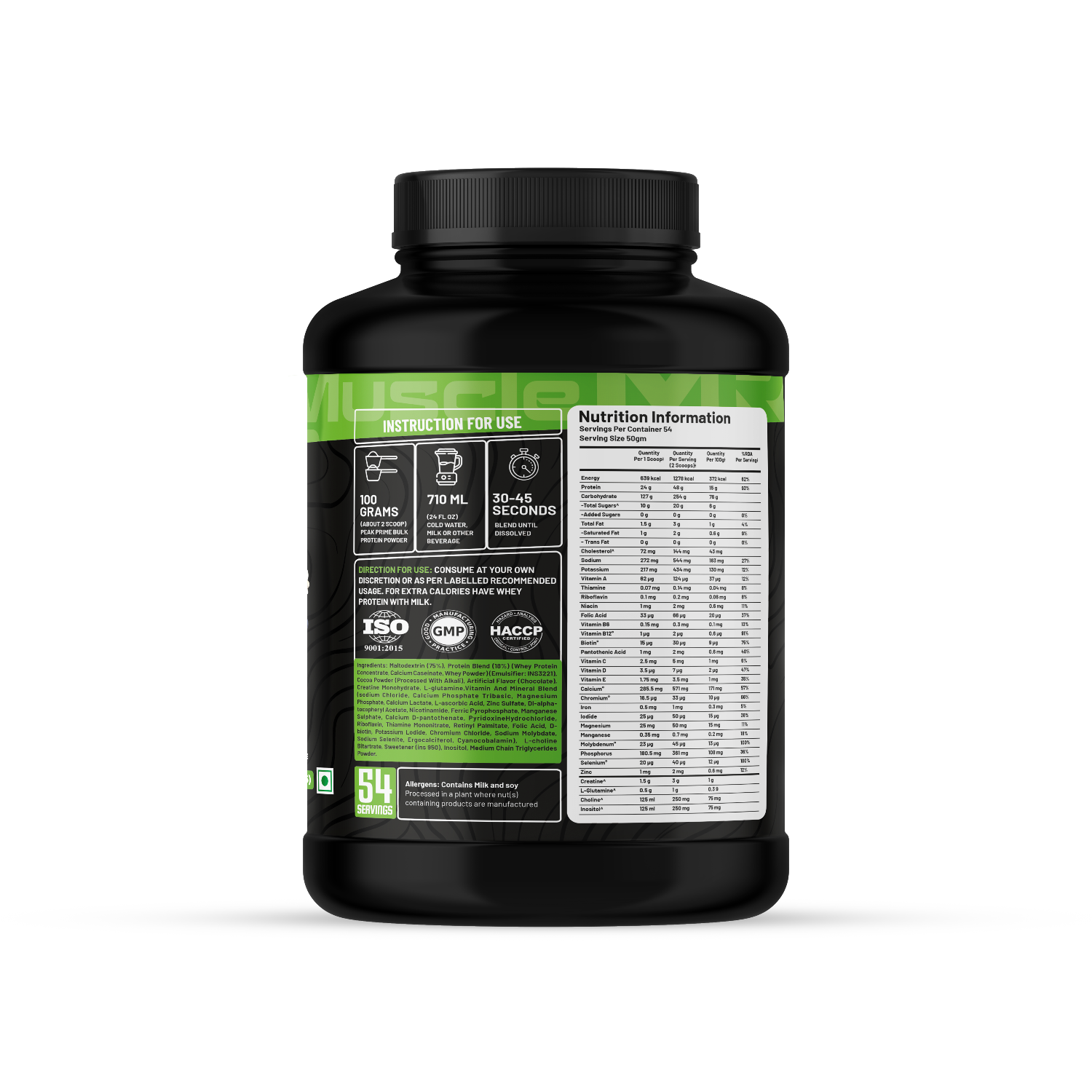 Muscle Reign mass gainer protein powder nutrition label with serving instructions and ingredient details