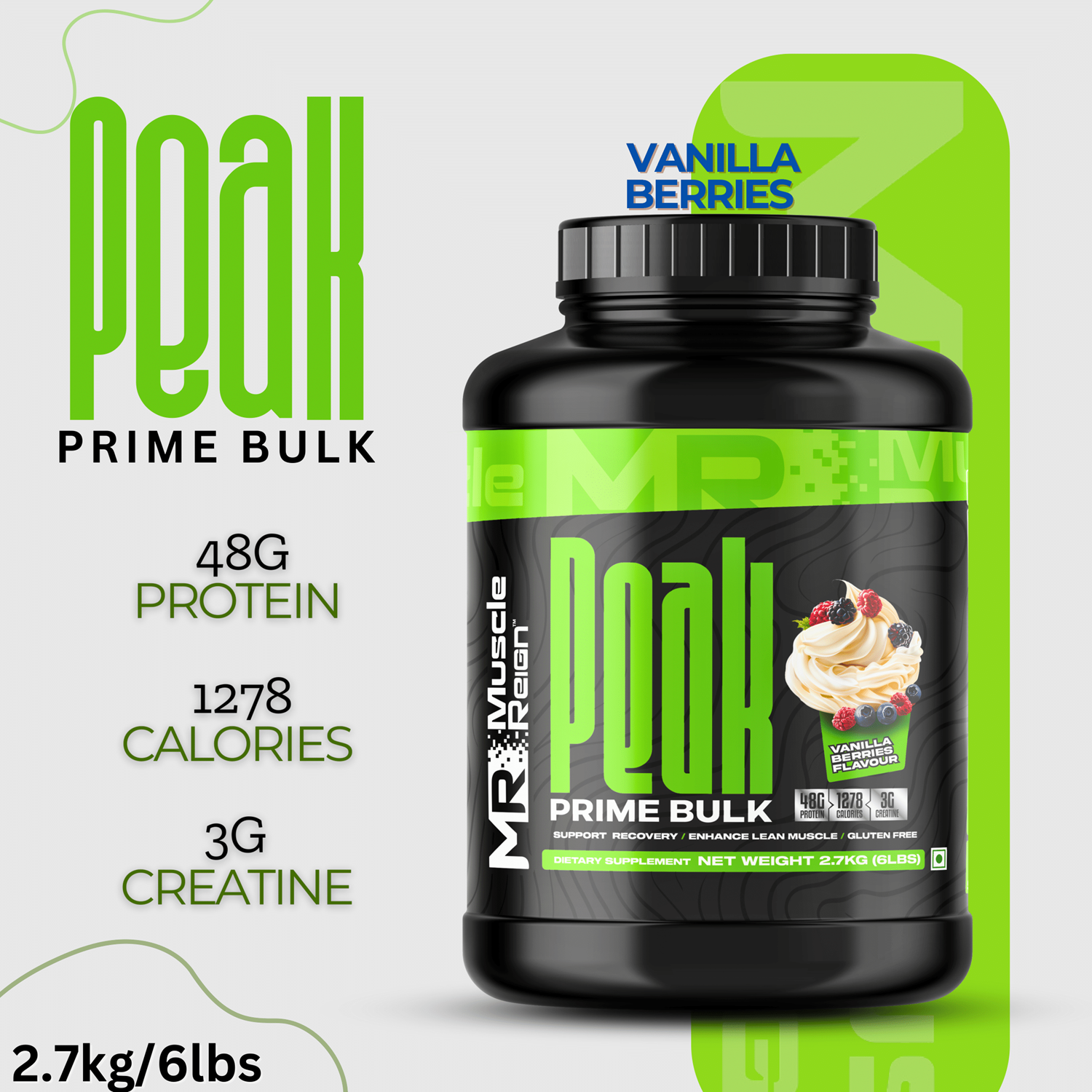 Muscle Reign Peak Prime Bulk mass gainer protein powder with vanilla berries flavor for muscle support