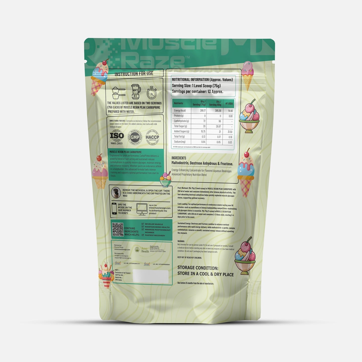 Muscle Reign Peak Carboprime 1kg 2.2 Lbs (144 Carbs+578 Kacl Energy Zero Fat)