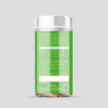 Muscle Reign 18 vitamins and minerals supplement bottle showcasing the nutritional information and tablet contents