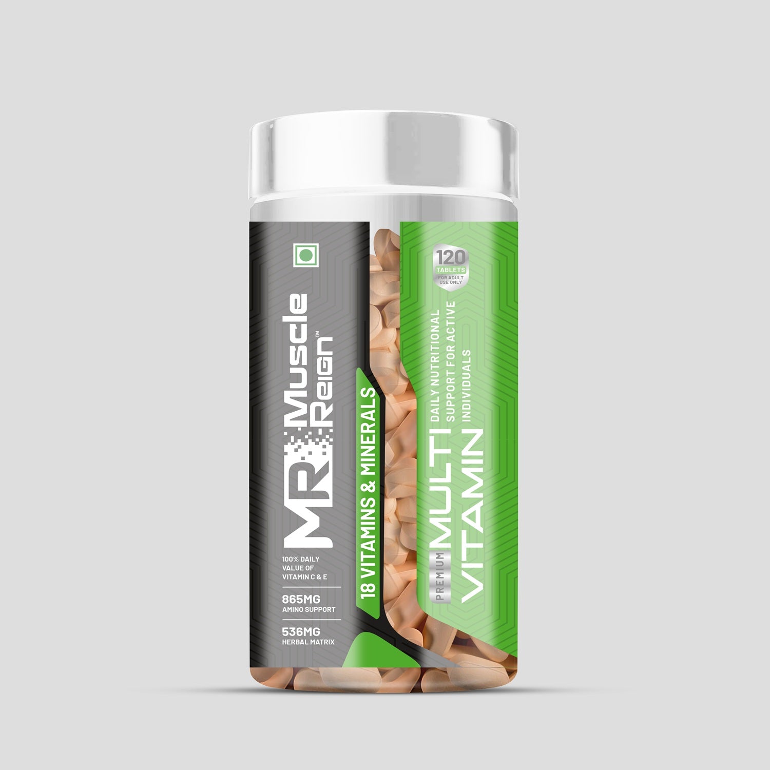 Muscle Reign 18 vitamins and minerals supplement bottle with 120 capsules for daily nutritional support