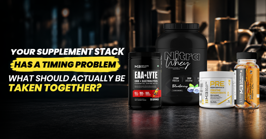 Supplement timing guide showing protein, creatine and pre-workout supplements