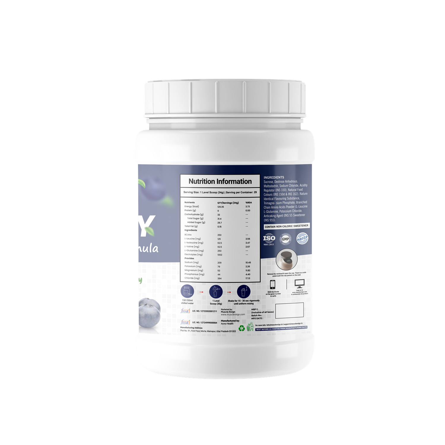 Muscle Reign Instant Energy Formula Powder container with nutritional information label on a black background