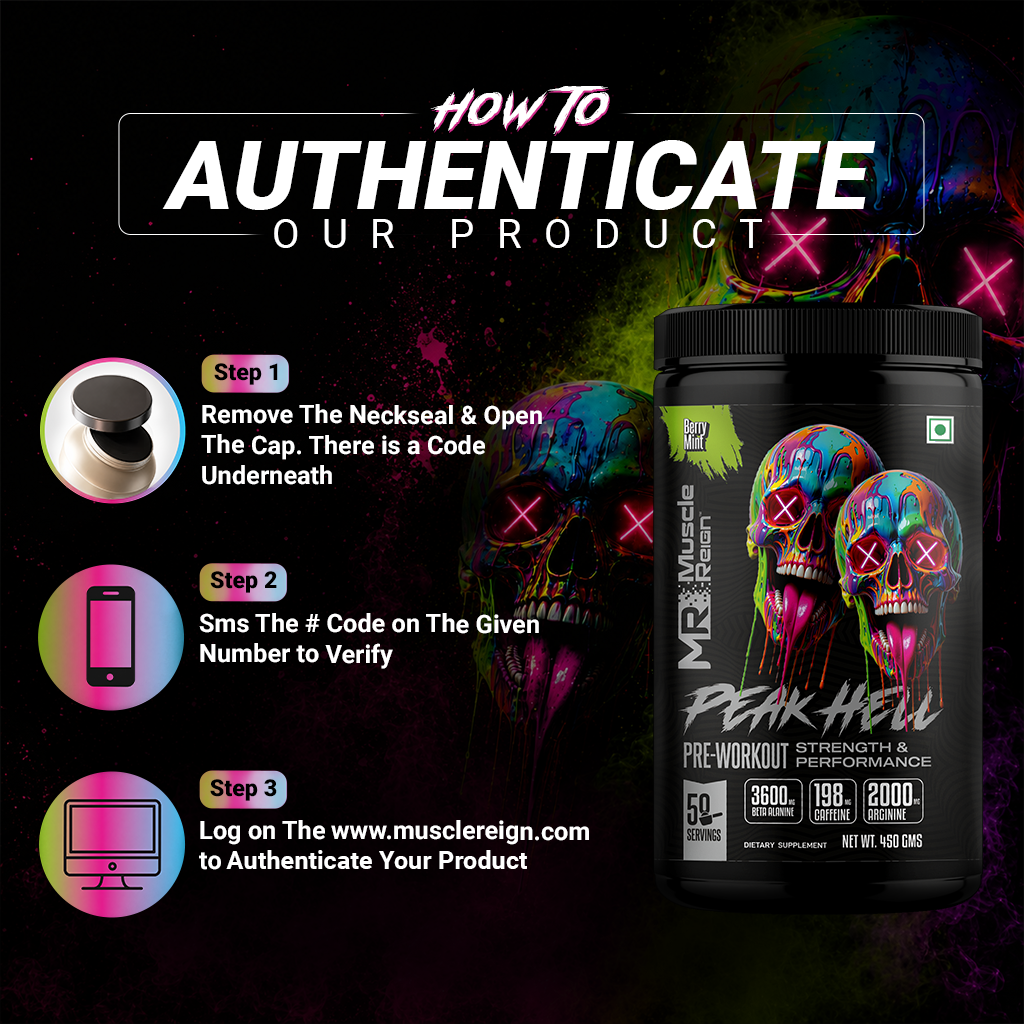 Muscle Reign Peak Hell Pre-Workout authenticity verification guide — 3-step SMS and website authentication process