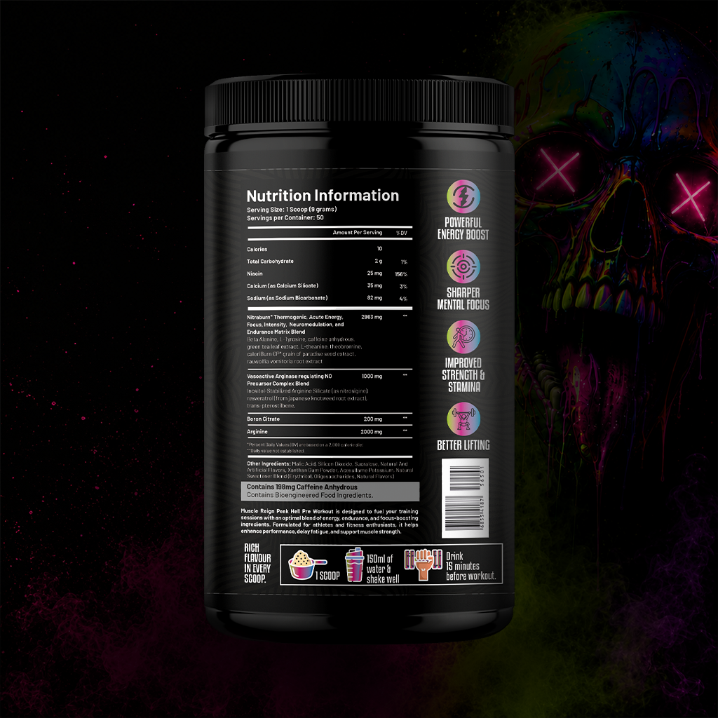 Muscle Reign Peak Hell Pre-Workout 450g back label — full nutrition information, Nitraburn blend, usage instructions, energy boost and mental focus benefits
