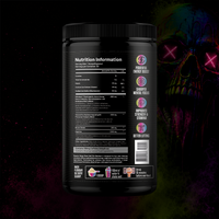 Muscle Reign Peak Hell Pre-Workout 450g back label — full nutrition information, Nitraburn blend, usage instructions, energy boost and mental focus benefits