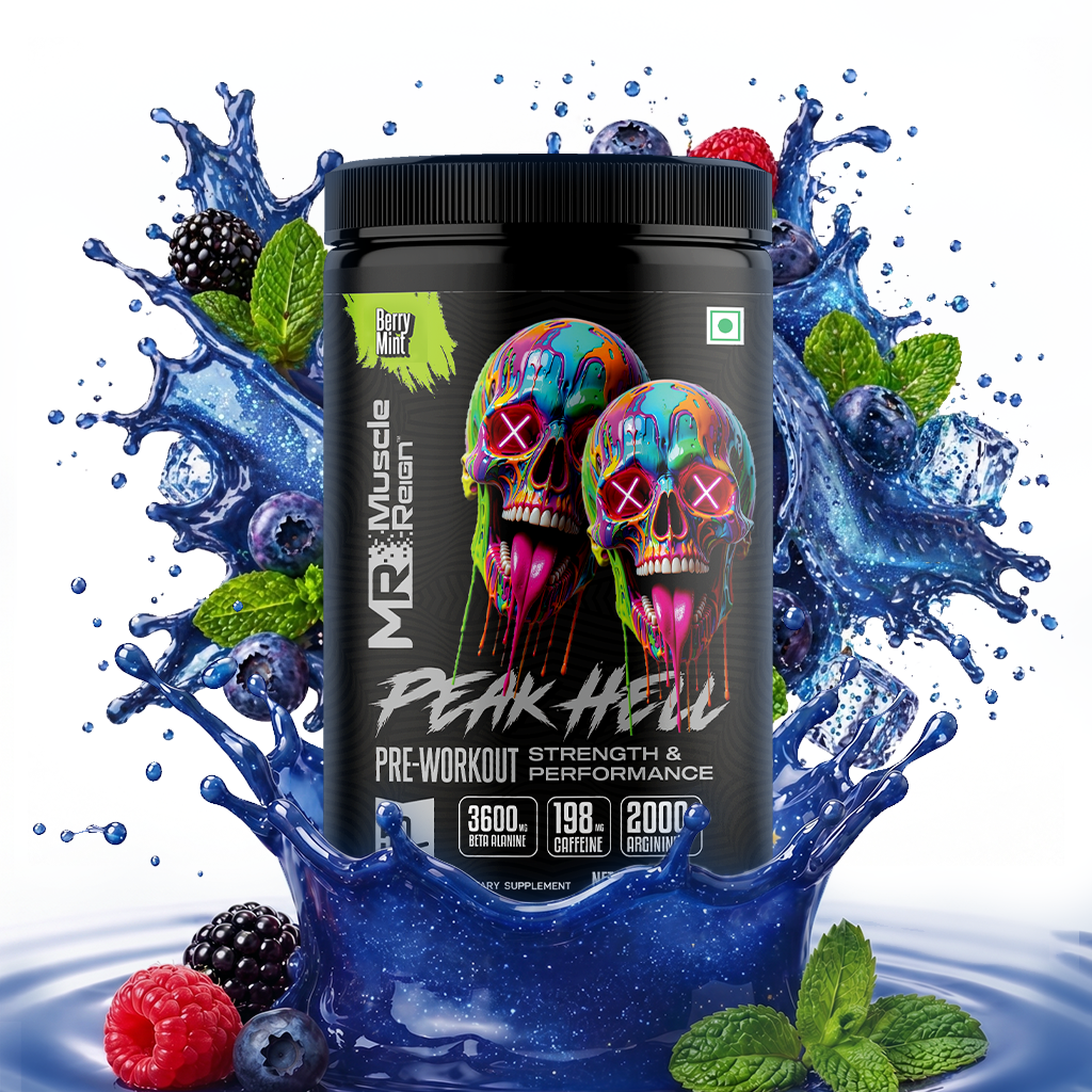 Muscle Reign Peak Hell Pre-Workout Berry Mint flavour — mixed berry mint pre-workout powder for strength and endurance India