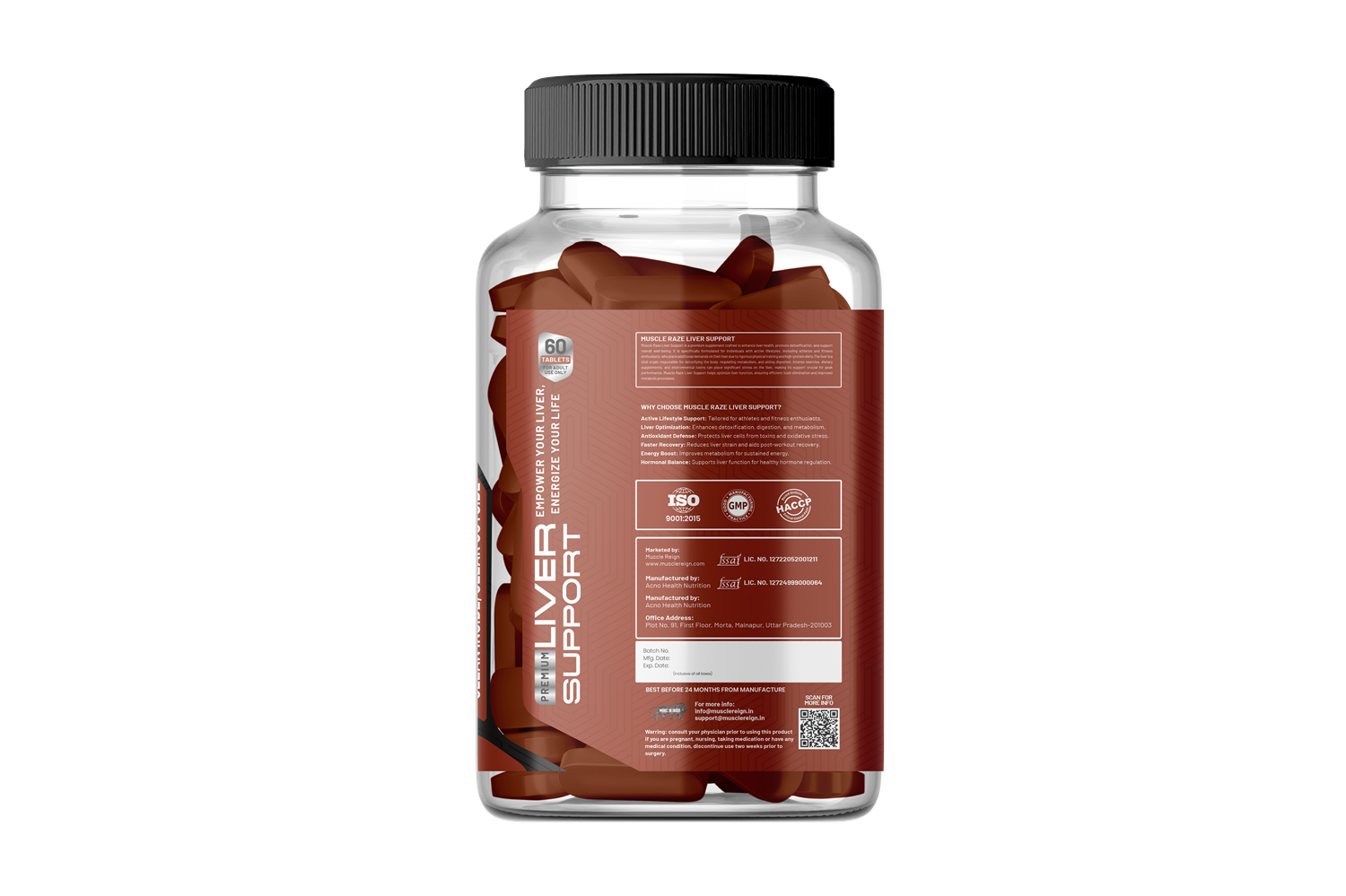 Muscle Reign best liver detox tablets in a clear bottle with detailed label and red capsules