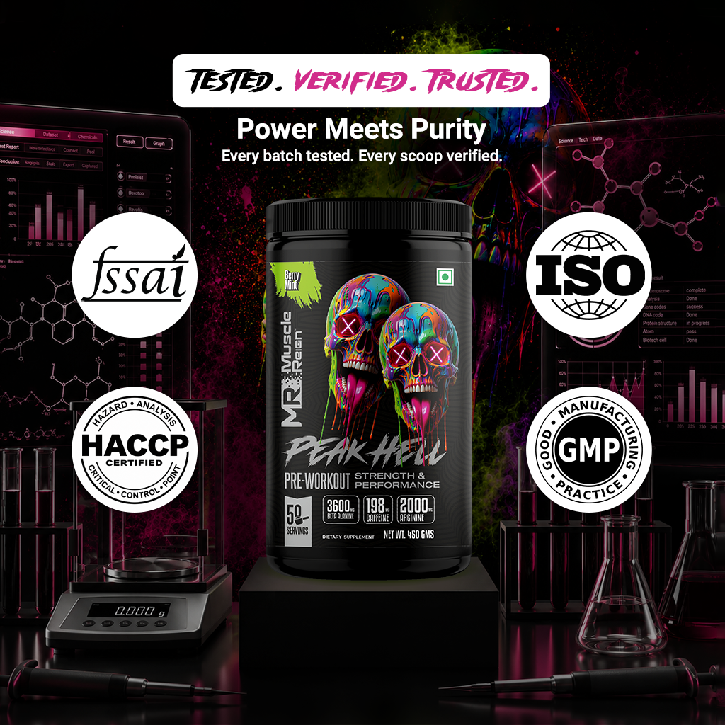 Muscle Reign Peak Hell Pre-Workout FSSAI, ISO, HACCP, GMP certified — tested and verified pre-workout supplement India